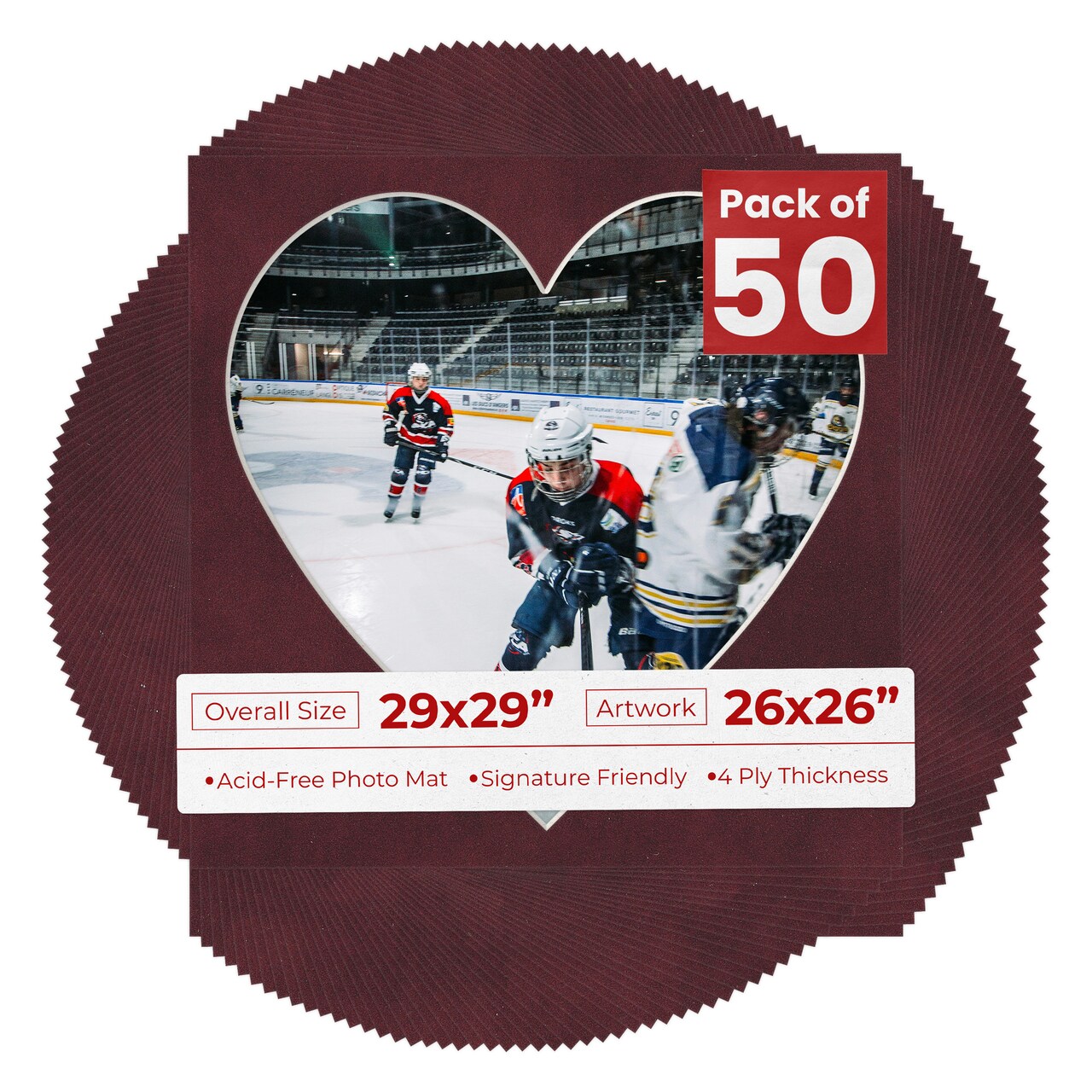 Dark Red Suede Mat Board for 29x29 Frames - Heart Opening for 26x26 Photos